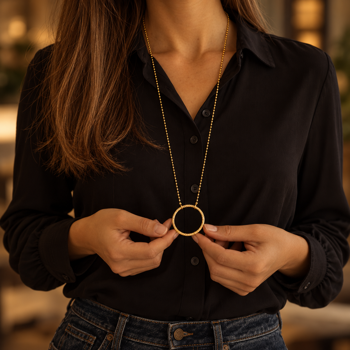 Collier de lunettes Camille doré porté – LUTECE
